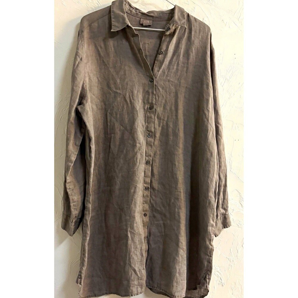 J. Jill Gray Linen Collared Button Front Shirt Dress Long Sleeve Knee L
